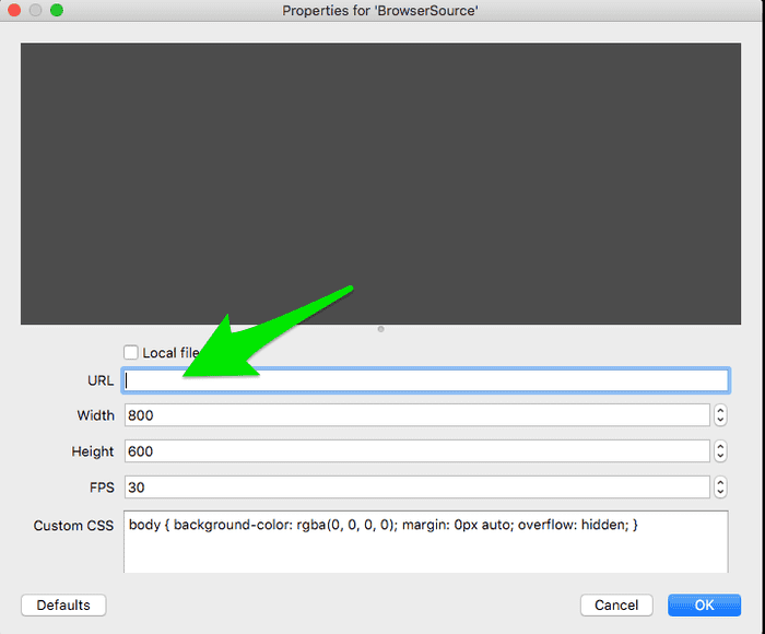 Screenshot of OBS BrowserSource configuration
